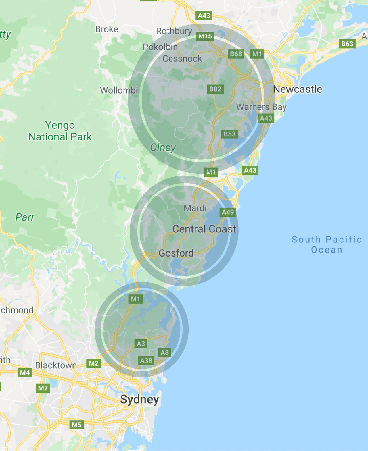 Stonecraft service area map with Central Coast, Northern Sydney, Lake Macquarie & Hunter areas highlighted